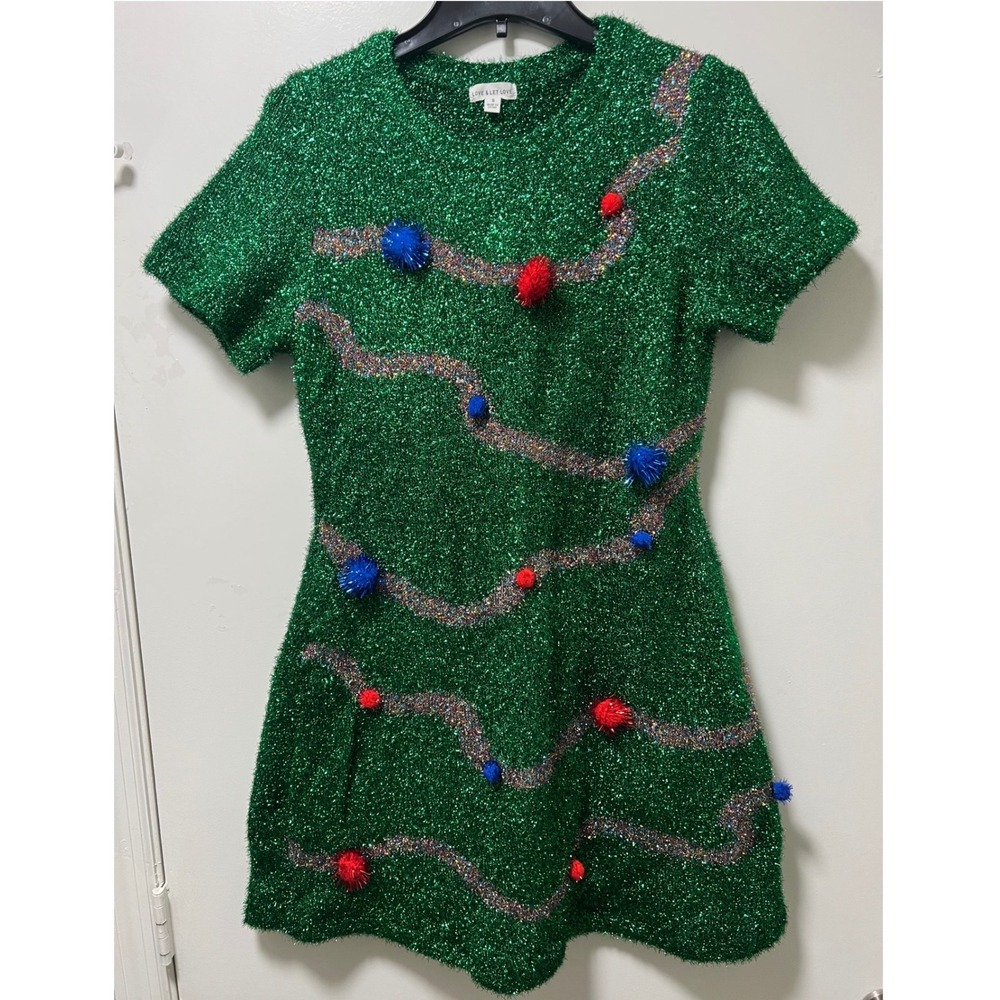 Love & Let Love Green Tinsel Christmas Tree Mini Dress Pom Poms‎ Small Holiday